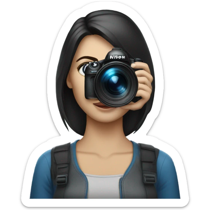Portrait of woman with blue eyes and dark hair holding a nikon camera sticker
