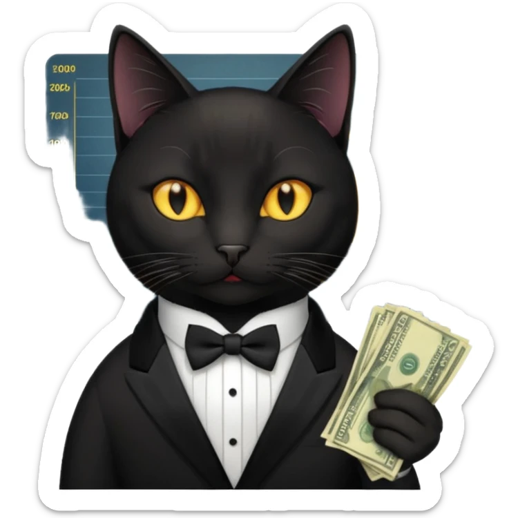 stock investing black and smart cat, with money and "stock charts" sticker