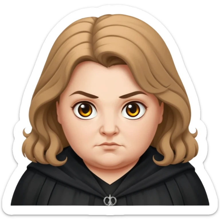 Alecto Carrow in harry potter, a woman fat, light brown knot tied hair, look evil, black cloak sticker