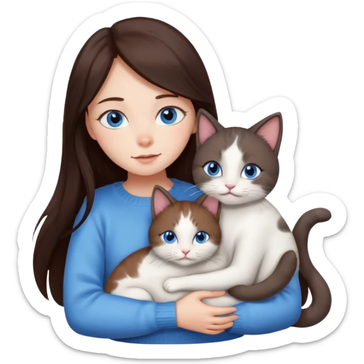 a girl with long dark 
brown hair, with blue eyes, in a
white sweater, hugs 3 different natural coloured cats sticker