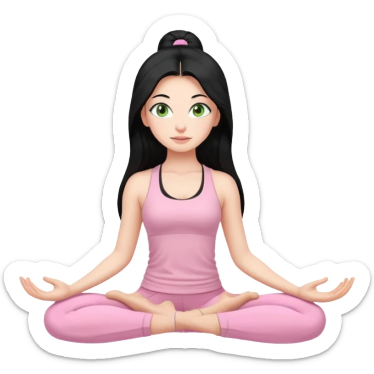 Girl with super long black hair with light green eyes doing yoga with light pink clothes sticker