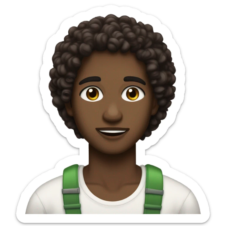curly hair dark brown, brown eyes with a hint of green, eyes negative canthal tilt ,medium thick shaped eyebrows in dark brown, and thin lips, white face sticker