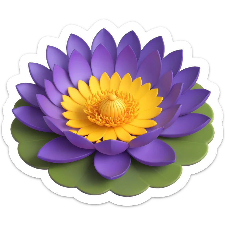 Realistic deep purple lotus flower with detailed layered petals and yellow stamens, floating on authentic lotus pad with characteristic notch and bowl shape sticker
