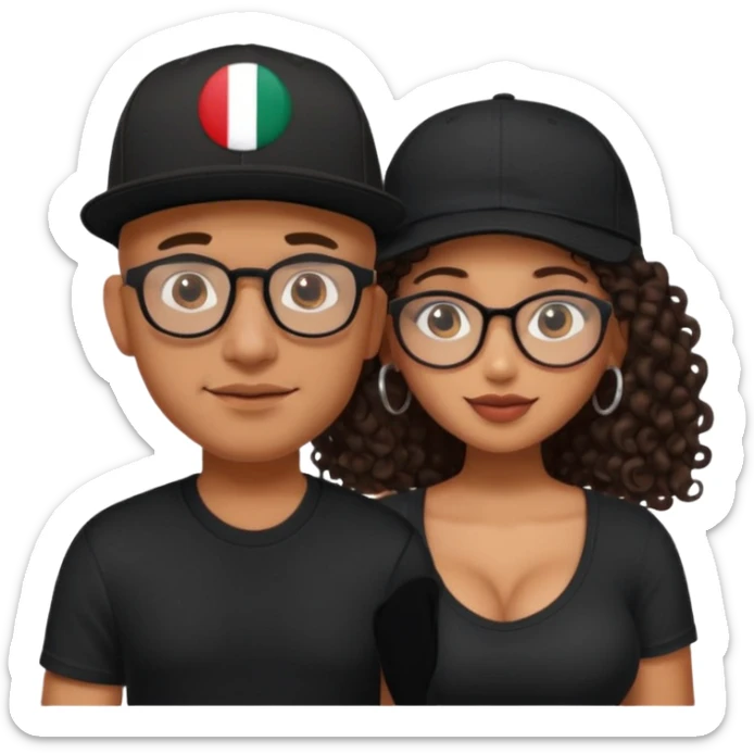 A picture of an embracing tanned couple. the man is a Mexican man with tanned skin, with a bald hair cut wearing a SnapBack hat and a black shirt. the woman is mixed, with long curly dark brown hair and with big boobs and eyeglasses  sticker