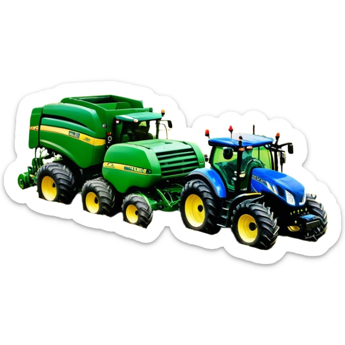 Baler – New Holland Roll-Belt 560 (2018) – Cinematic-realistic John Deere 6155M tractor towing a New Holland Roll-Belt 560 baler, its deep green body contrasting with the bright blue baler. The massive machine moves steadily through golden fields, compressing freshly cut hay into tight round bales, while dust swirls under the blazing afternoon sun. sticker