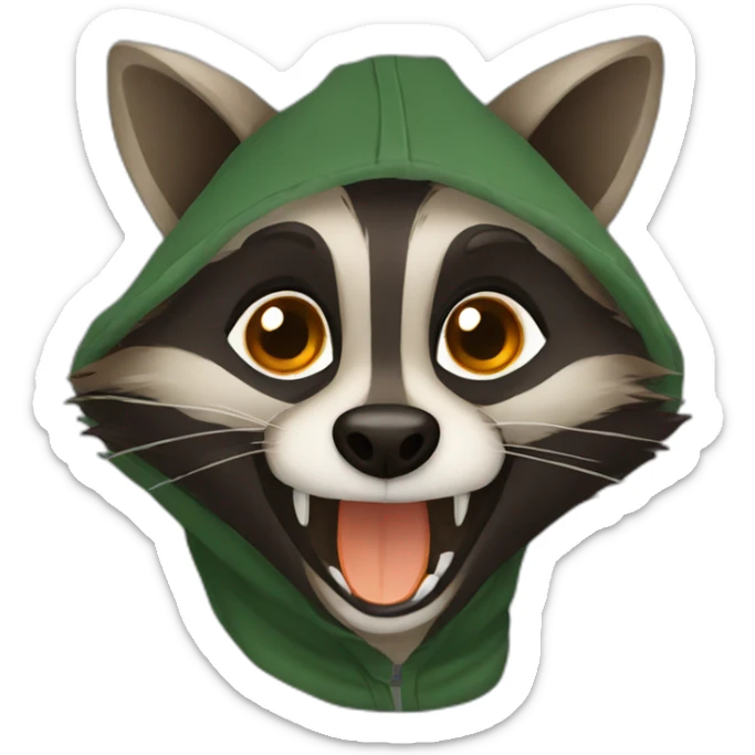 brown raccoon with orange eyes and a dark green hood that is laughing sticker