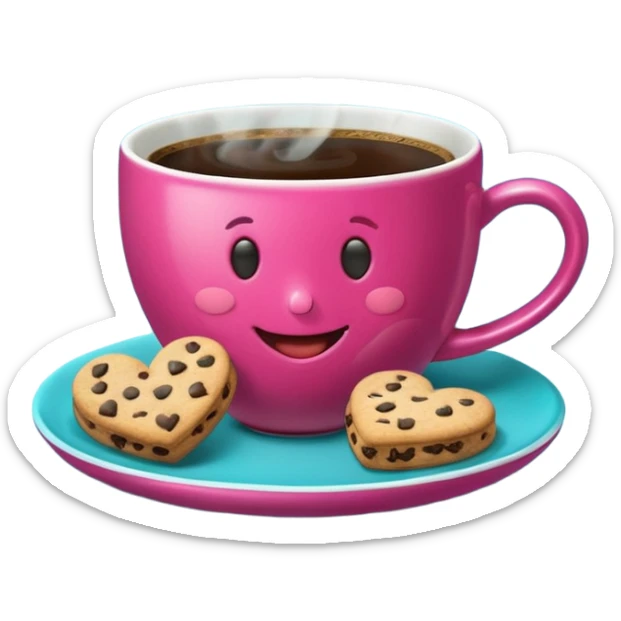 cup of coffee, steaming, the smoke should come out in the shape of a heart, the color of the cup is fuchsia, the cup has a happy face printed on it, the cup rests on a turquoise blue plate, and there are cookies and sugar cubes around the cup. sticker