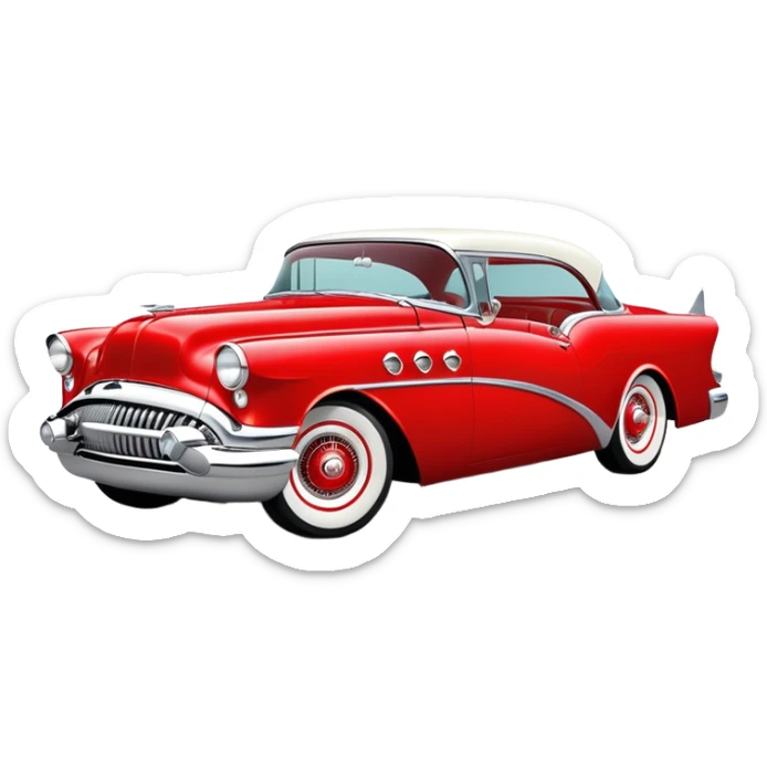 hot rod inspired by a 1956 Buick Century, vibrant color scheme, classic red with chrome and whitewall tires sticker