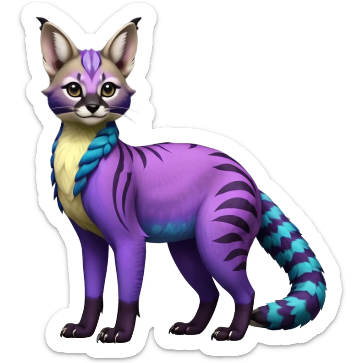 Colorful banana-cream-colored, violet-pointed, tropical tribal glorious iridescent divine exotic cute cool beautiful beautiful fantasy-caracal-civet-genet-sergal-vernid-Gryphon-Cacomistle-Trico-oncilla-animal-Fakémon-hybrid-fursona (full body) sticker