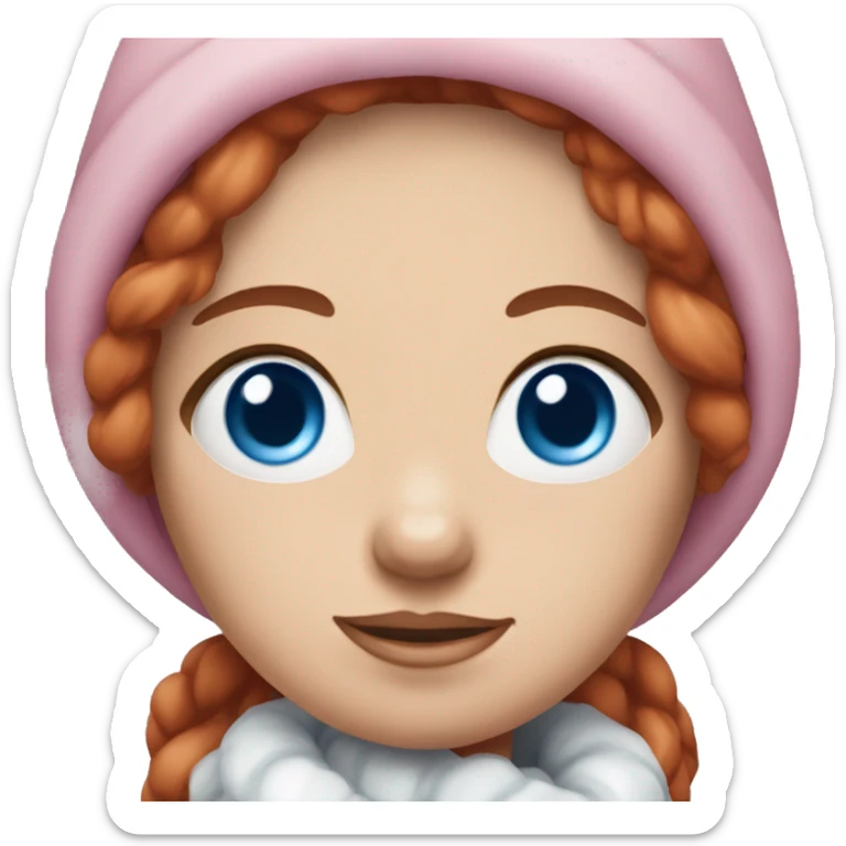 Woman with red hair, blue eyes wearing pink winter clothes holding a small white Shichon sticker