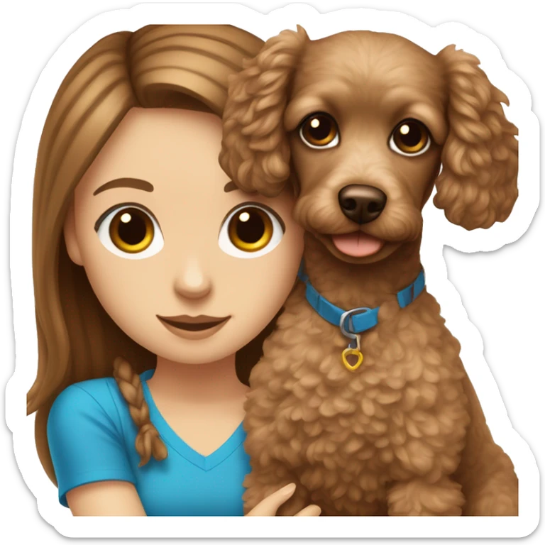 white girl with long straight brown hair and blue eyes holding a toy poodle puppy  sticker