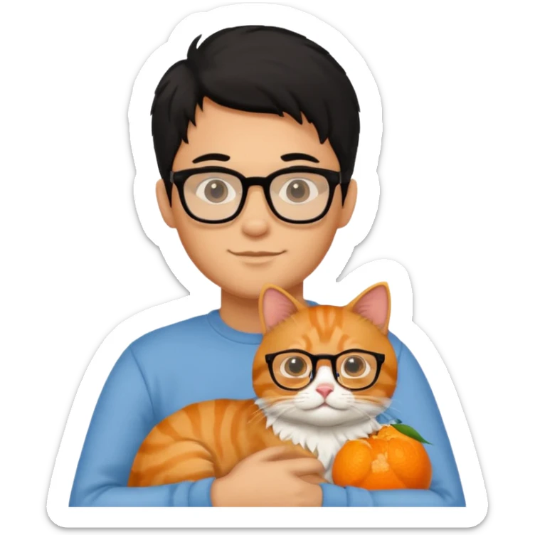 Veterinario hombre trigueño con lentes, con cabello negro y  un gato naranja sticker