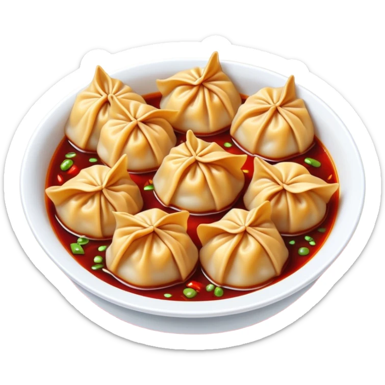Sichuan spicy wontons in chili oil sauce, simplified emoji style with bold outlines and bright colors, cartoon style red Chinese dumplings Hongyan Chaoshou sticker