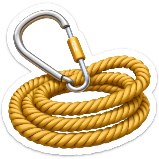 A 3D cartoon coiled climbing rope with a carabiner, golden color, resting on a rocky surface, realistic soft shadows, Memoji-style rendering. negative : Flag. sticker