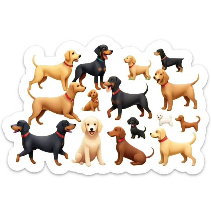 Collage of various dog breeds like Doberman, Poodle, Dachshund, and Golden Retriever, playing in a park with trees and grass. Some dogs run, others sit, all are full of energy and happiness. A joyful, colorful scene with playful expressions. Transparent background. sticker