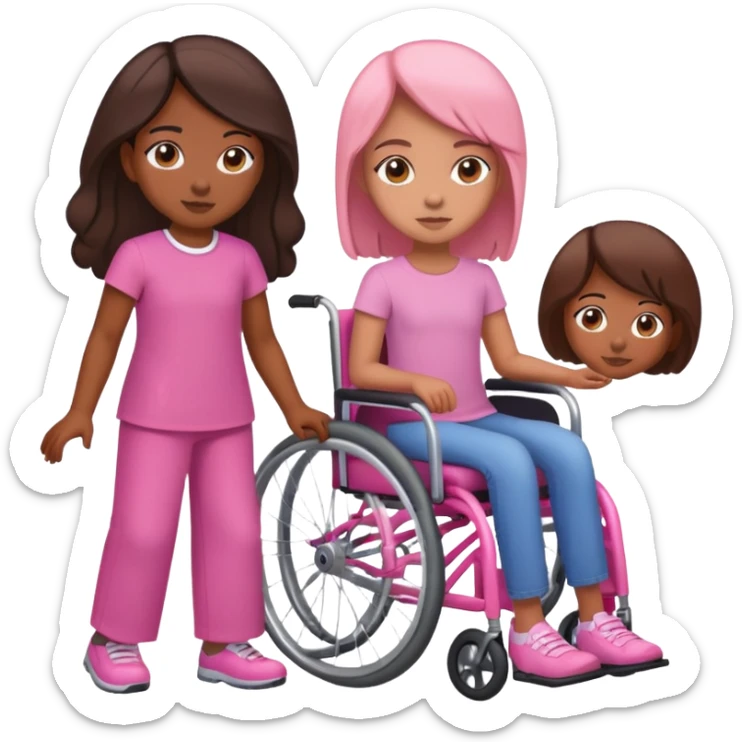 One tan skin sister standing behind her brown skin sister in a pink wheelchair sticker
