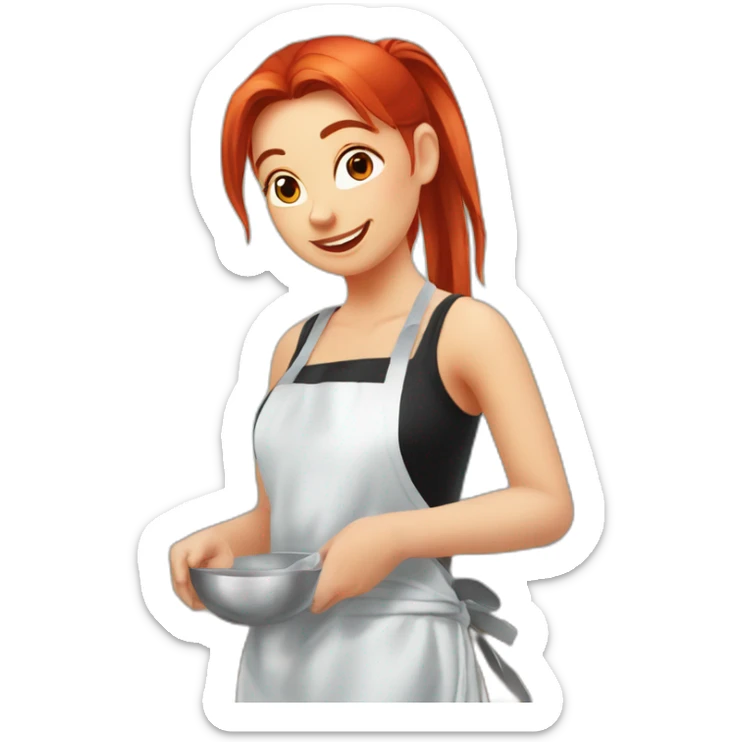 Slavic girl with red hair in a ponytail, white T-shirt and black apron, washes the mirror sticker