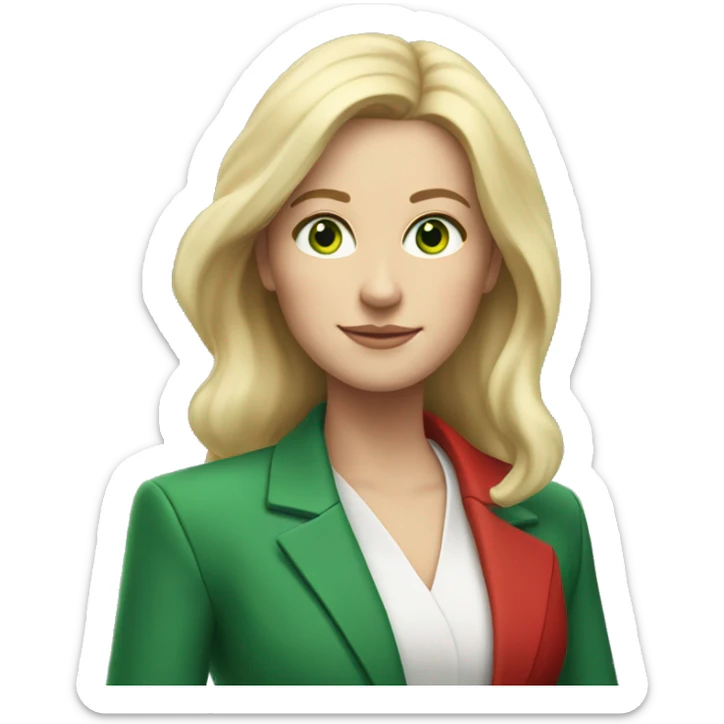 Woman, white, shoulder-length blonde hair, green eyes, red blazer, star PT  sticker