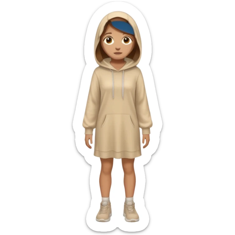 fullbody, head-to-toe, Lazarus's sister, Jesus's friend, with brown hair, beige dress, and a head hoodie, normal emoji style, different pose sticker