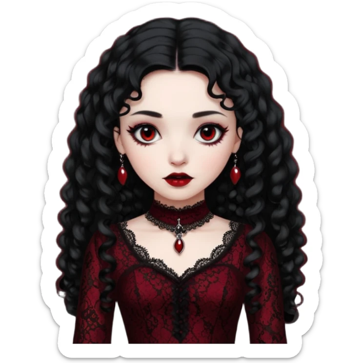 A girl with a dark red goth vampire look in a goth lace dress with long sleeves longer black curly hair sticker