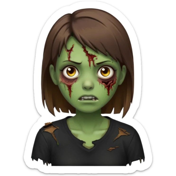 Zombie girl emoji verde com cabelo curto liso castanho no ombro com uma blusa preta sticker