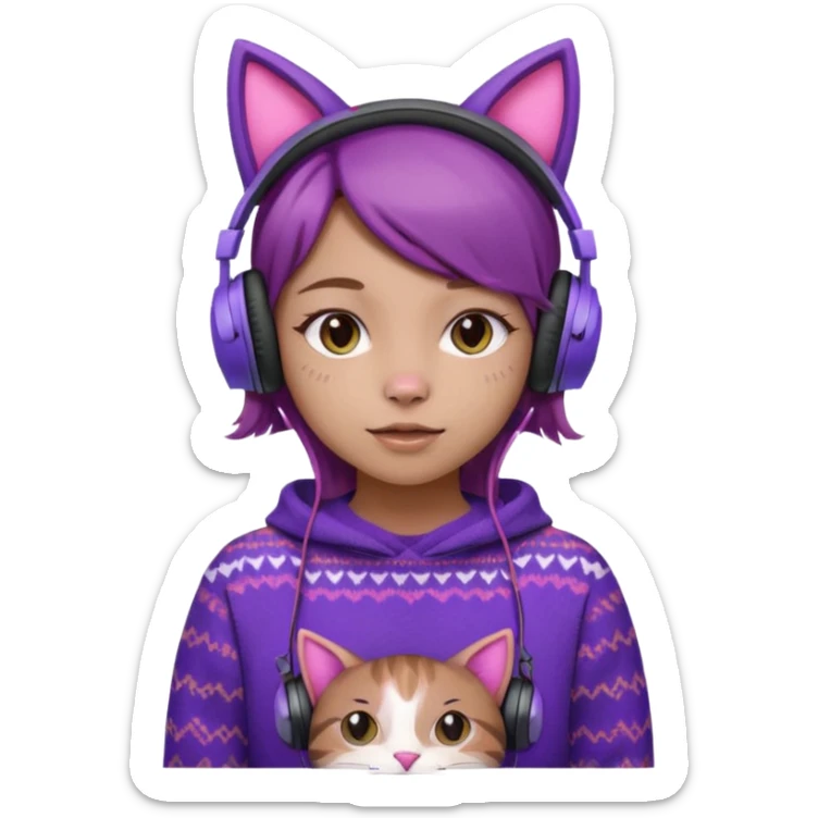 une fille avec des écouteurs de chat rose et des cheveux brun qui est crazy  chandaille mauve  sticker