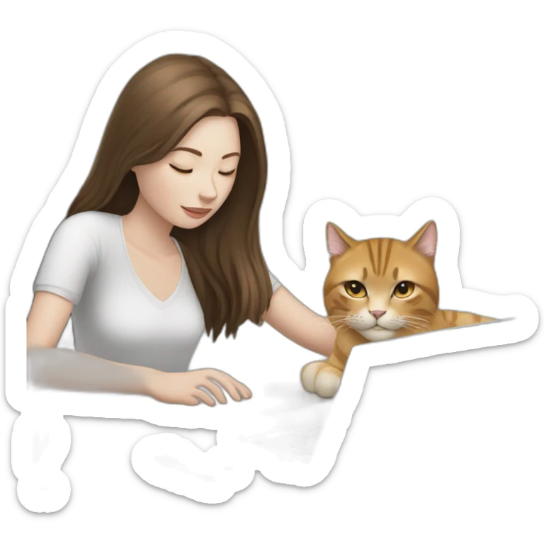 woman with pale skin and brown long straight hair working on laptop and a large cat sleeping on the laptop sticker