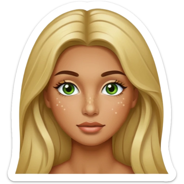 miss universe tanned girl with very long blonde brown hair and green brown eyes and freckles along her nose and cheeks and long eyelashes sticker