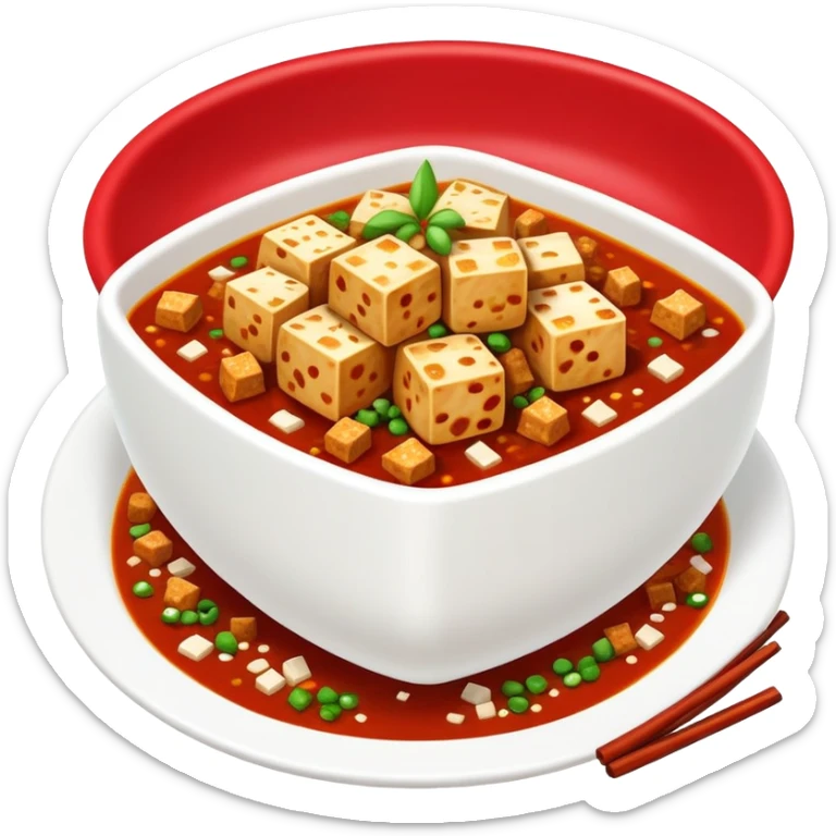Mapo Tofu spicy red with tofu cubes and minced meat, simplified emoji style with bold outlines and bright colors, cartoon style Sichuan famous dish sticker