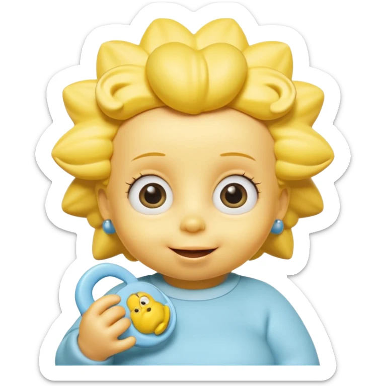 A 3D cartoon baby character fully yellow skin, styled like Maggie Simpson, with pacifier, big eyes, smooth shading, Memoji-style rendering, consistent with other yellow Simpsons characters. sticker
