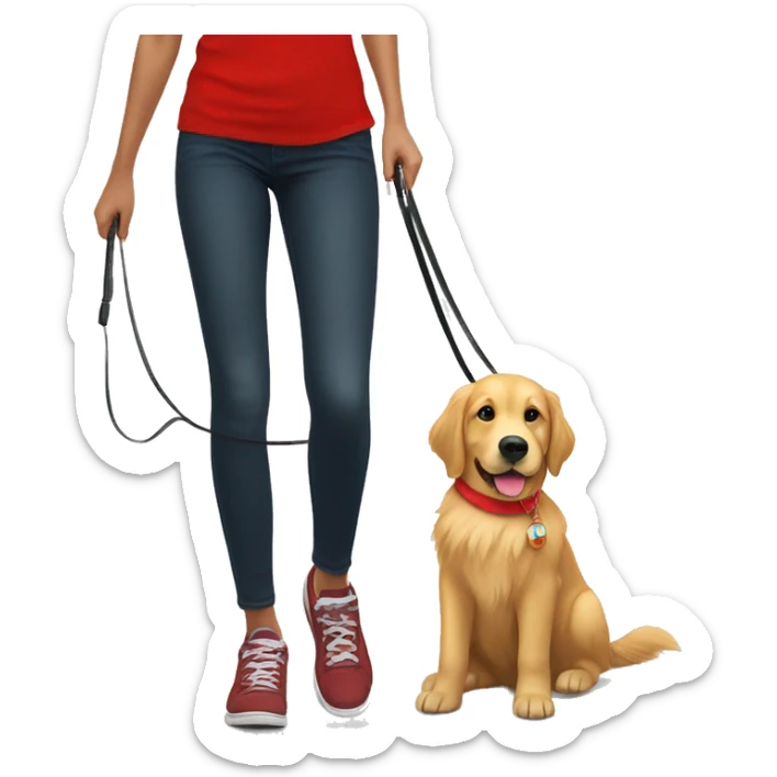 golden retriever in red shirt on a leash by a girl in red shirt  sticker