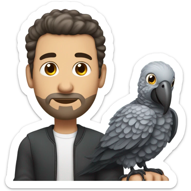 White Man with dark brown pompadour hair and dark brown short beard sitting on top of a giant african grey bird sticker
