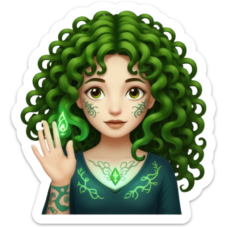 woman with long curly brown hair, brown eyes, white skin, tattoos, growing glowing moss from her fingertips like magic circuits sticker