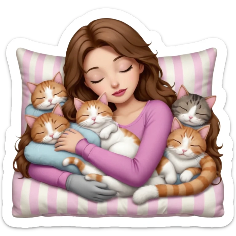 girl with long wavy brown hair, brown eyes, long lashes makeup, sexy pink lips, light to medium complexion,  sleeping on a cozy pillow, with 6 cats: 1 brown and white tabby cat, 1 ginger and white, 2 grey and white, 1 grey with white mittens and small white patch on chest and 1 calico, sleeping sticker