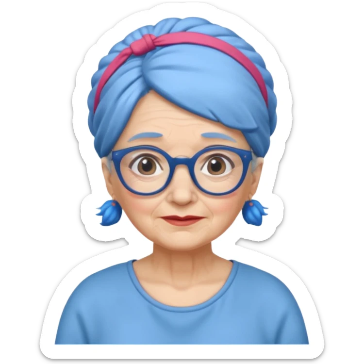 fat old woman with blue bun hair and glassess and headband sticker