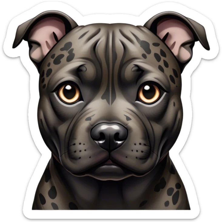 Cinematic Noble Black/Brindle Staffordshire Bull Terrier Portrait Emoji, Poised and regal, with a compact, muscular build and a sleek, well-groomed Fur featuring a striking mix of black and brindle patterns, deep-set soulful dark eyes, Simplified yet sharp and sophisticated features, highly detailed, glowing with a soft, dignified glow, high shine, intelligent and loyal, stylized with an air of strength, focused and attentive, soft glowing outline, capturing the essence of a watchful and confident guardian, so majestic it feels as though it could stride out of the screen with effortless authority! sticker
