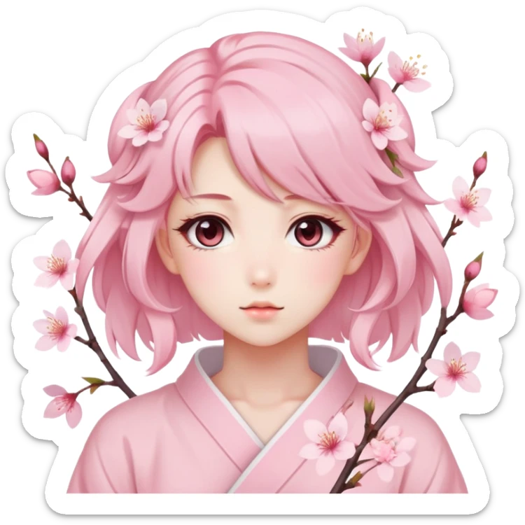 A Gorgeous Beautiful Anime Lady Sakura Cherry Blossom and Pretty Hair, pastelcore aesthetic, pastel pink and white sticker