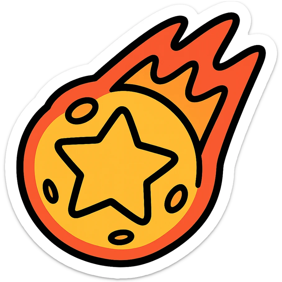 Brawl Stars pin showing a golden meteor with a star, cartoonish expressive, bold outlines, vibrant colors sticker