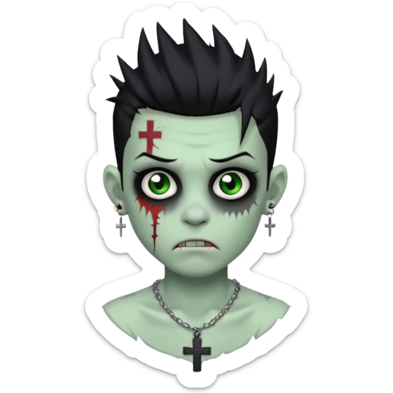 zombie boy with spiky emo black hair and white shirt , tattos, a risk on the eyebrow, earings,  a necklace with a cross, green skin emoji  sticker