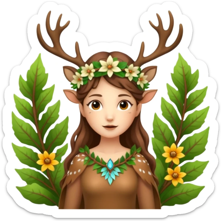 forest fairy woman dressed as deer spirit, antler crown and leaf dress, standing in flowers sticker