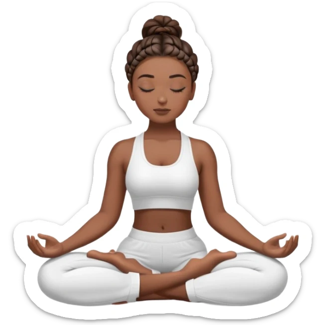 Brunette 2 braid hair dark skin Woman wearing white gym set with eyes closed and long eyelashes doing yoga mediation  sticker