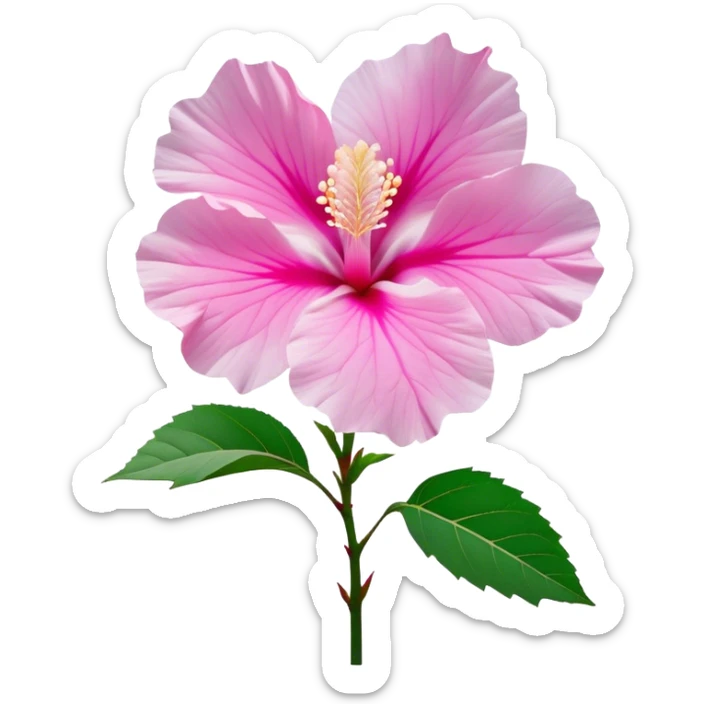 Cinematic Realistic image of a Mugunghwa flower (Rose of Sharon), rendered with delicate petal textures and vibrant pink hues, set against a minimalist background with gentle, diffused lighting that highlights its national significance sticker