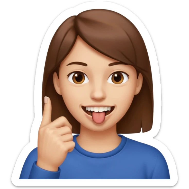 Con una sonrisa en la cara mientras muerde la punta del dedo indice en la boca son sus dientes sticker