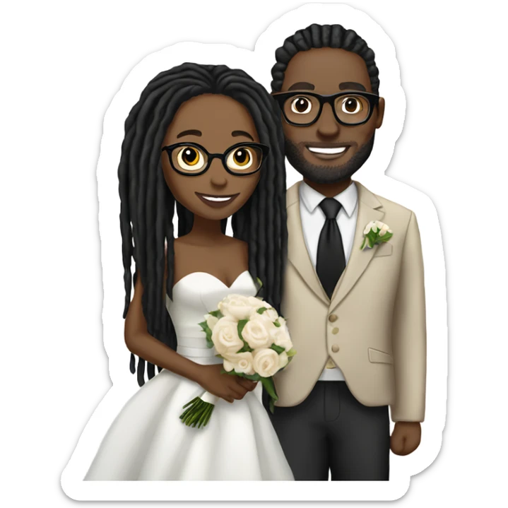 black couple light skin man with long black locs, dark skin woman with glasses with black locs wedding sticker