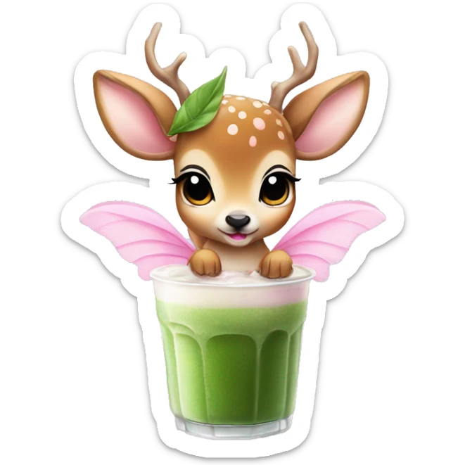 baby deer with fairy wings and a pink bow around its neck drinking iced matcha latte  sticker