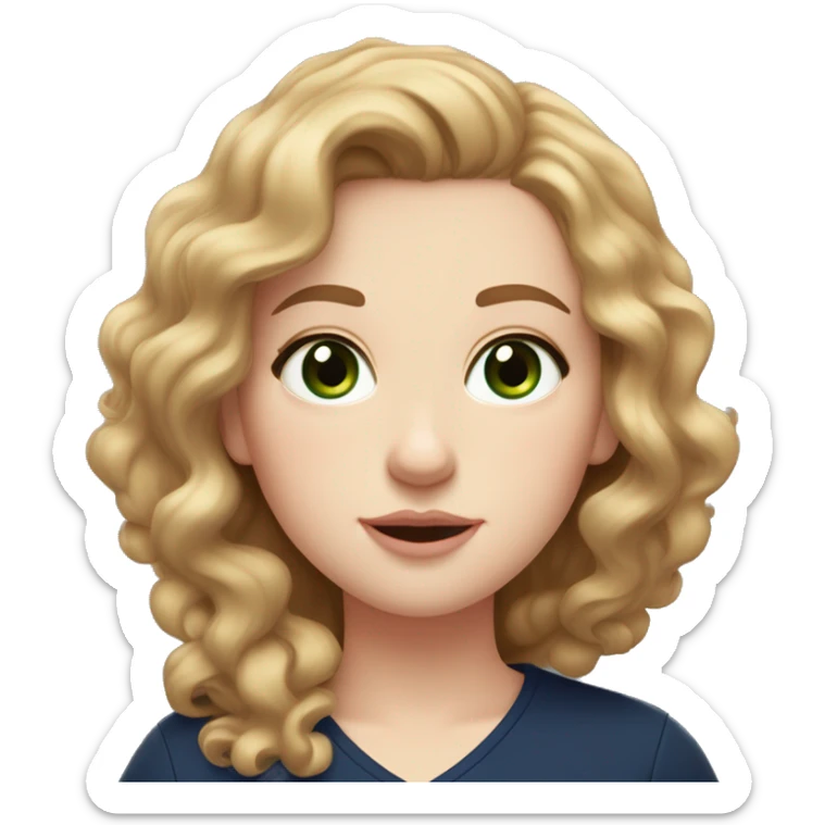 A pale white girl with light brown curly hair that reaches to her chest and her hairstyle parted in the middle, green eyes with a mole next to her left eye and wearing a navy blue shirt and natural pink lips sticker