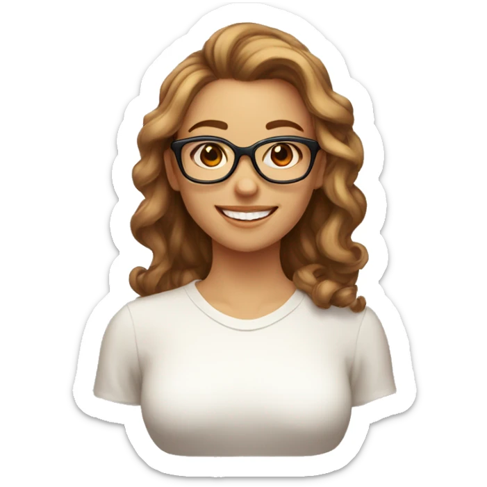 person with light brown hair with a pronounced bust, updo hairstyle with red glasses, perfect smile, smiling in profile, with thoughts of chemistry sticker