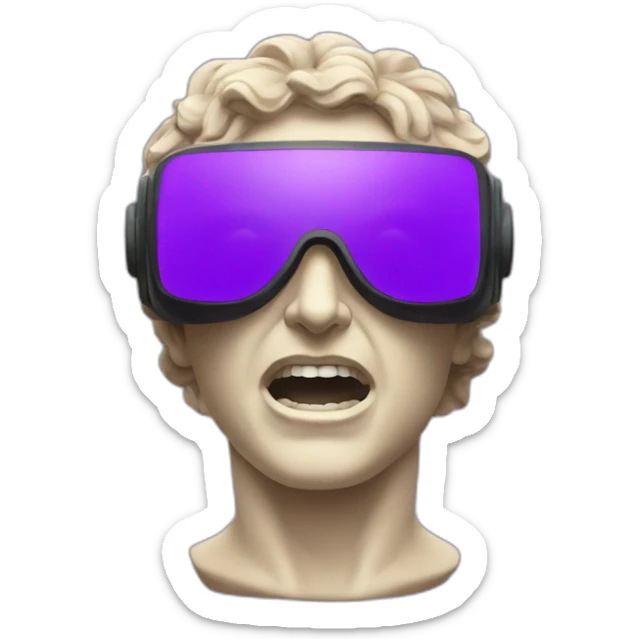 an EMOJI OF A ancient young greek statue, wearing VR headset, shouting purple colors,  sticker