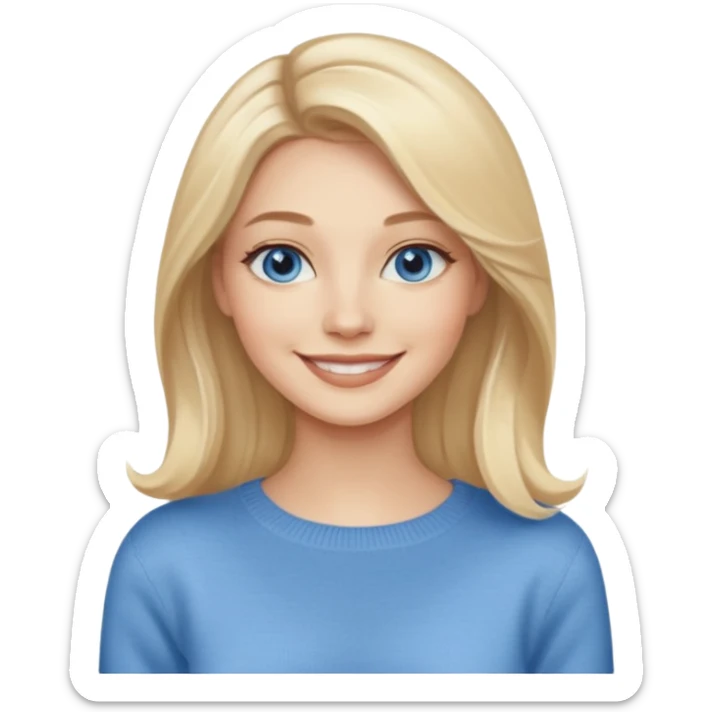 hyper realistic glamourous pale woman, Long blonde balayage hair, smiling, beige sweater & blue eyes sticker