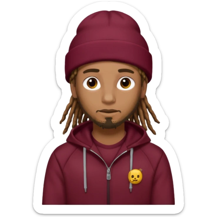 Animate a caramel skinned male with brown dreads and a tan beanie with a burgundy tracksuit on sticker